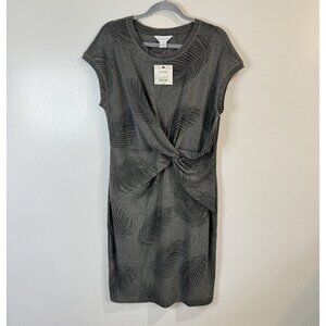 NWT Liz Claiborne Shirt Dress L Wrap Ribbed Knit Palm Leaves Gray Green Tropical